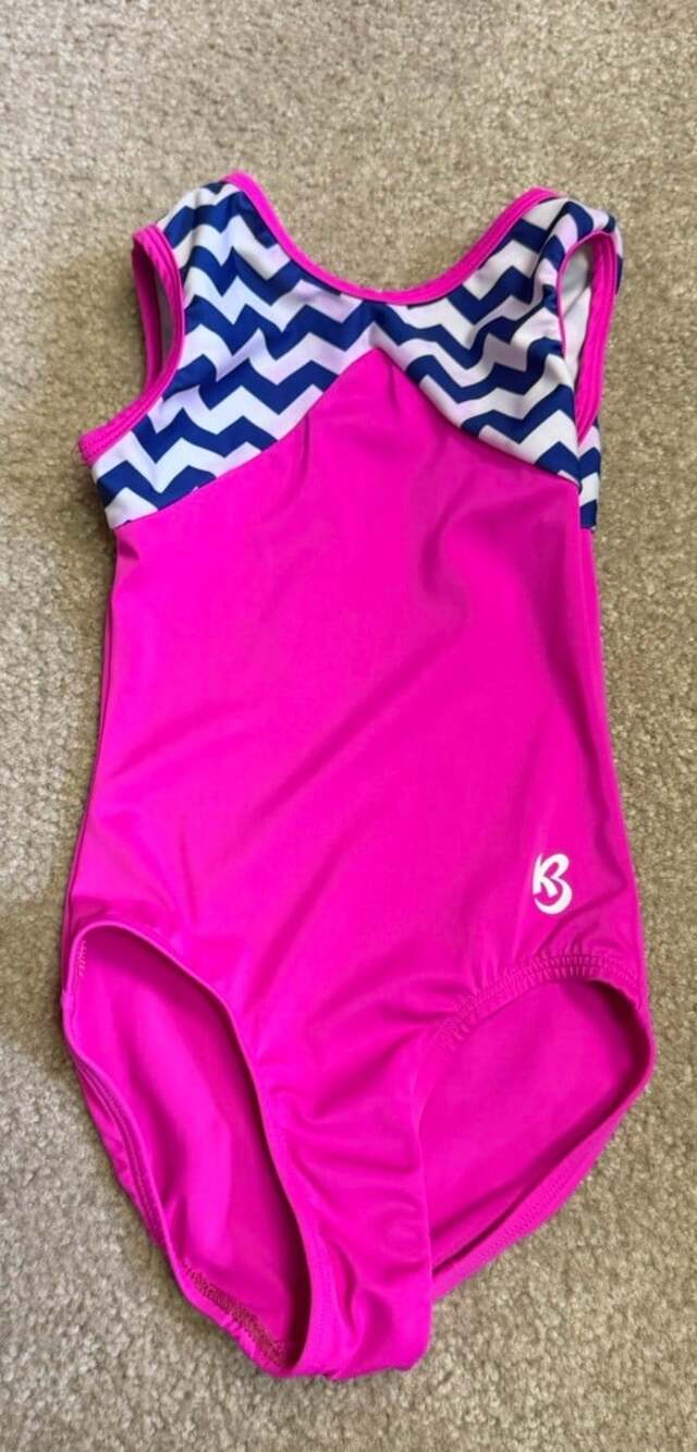 K-bee Gymnastics Dance LEOTARD CM  6 / 7  Hot Pink Navy Blue White Chevron